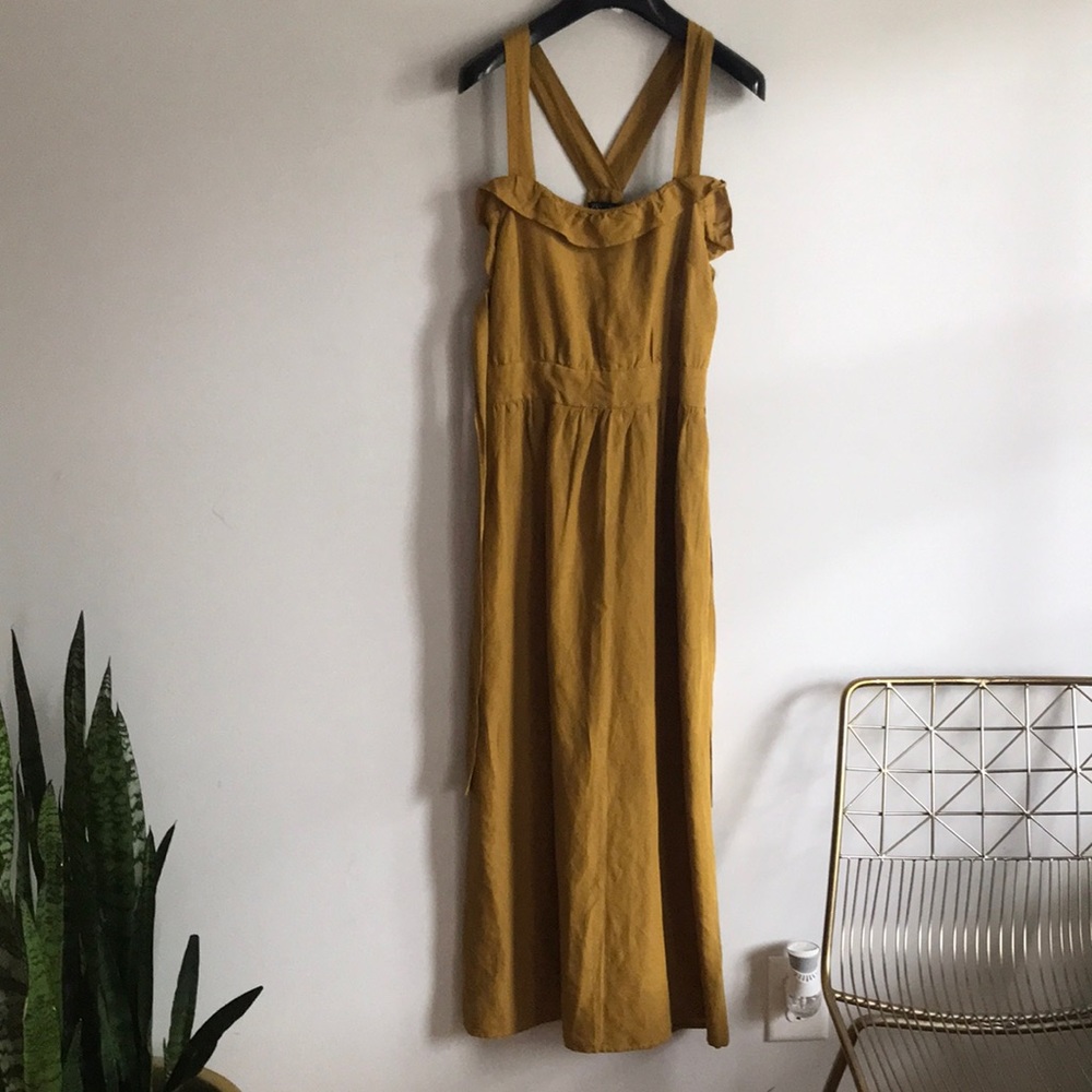 NWT Zara Linen Blend MIDI Apron Dress Mustard M